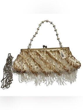 Vintage Evening Bag Champagne Gold Beaded Clutch Purse Shoulder Chain Elegant